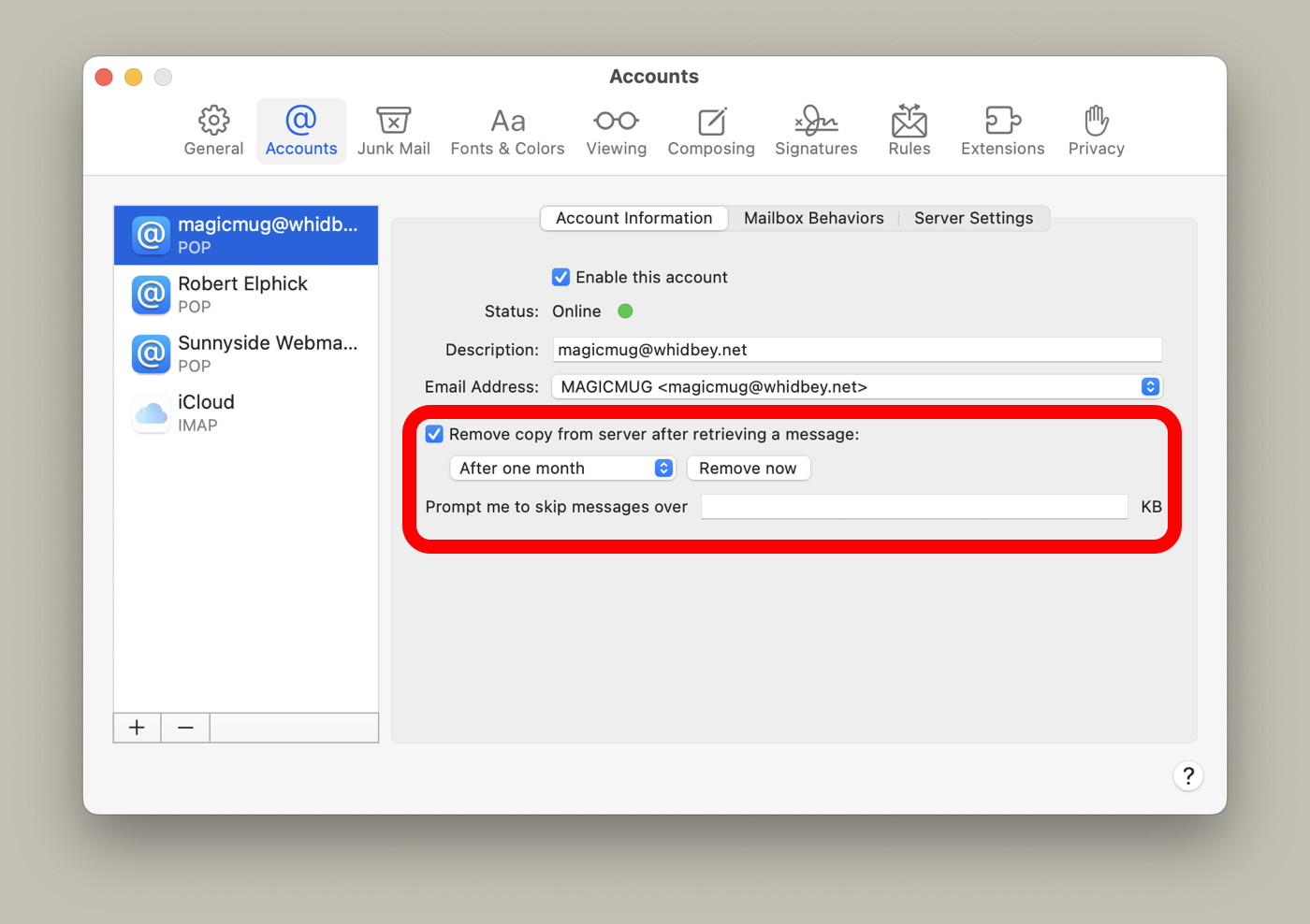 Remove email from server